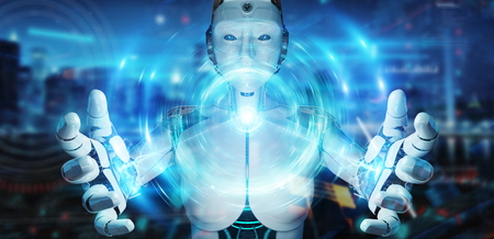 White humanoid robot on blurred background creating new futuristic energy power source 3D renderingの写真素材