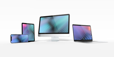 Modern devices with smartphone laptop computer and tablet aligned and isolated on white background...