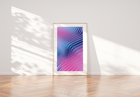 Vertical wooden frame leaning in bright white interior with wooden floor mockup 3D renderingの写真素材