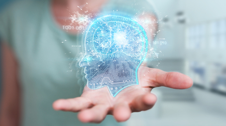 Businesswoman on blurred background creating artificial intelligence 3D renderingの写真素材