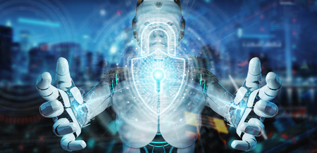 White robot on blurred background protecting datas with digital security padlock hologram 3D renderingの写真素材