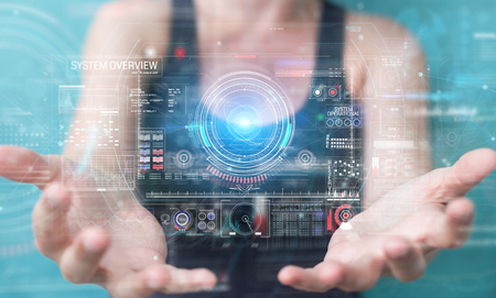 Woman on blurred background using digital technological interface with datas 3D renderingの写真素材
