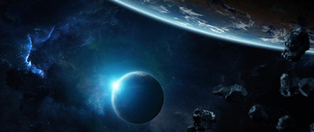 Distant planet system in space with exoplanets during sunrise 3D rendering