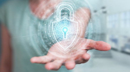 Woman on blurred background using digital padlock security interface to protect datas 3D renderingの写真素材