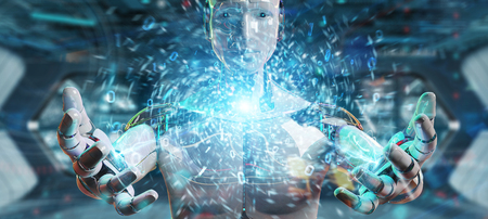 White humanoid robot on blurred background creating new futuristic energy power source 3D renderingの写真素材