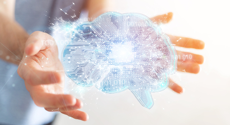 Businessman on blurred background creating artificial intelligence in a digital brain 3D renderingの写真素材