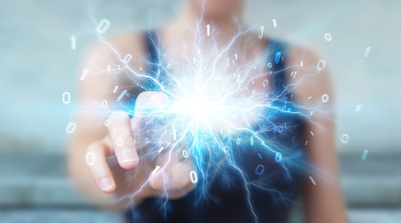 Woman on blurred background creating renewable and sustainable eco energy 3D renderingの写真素材