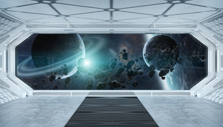 White blue spaceship futuristic interior with window view on space and planets 3d renderingの写真素材