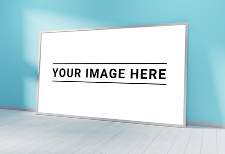 Large horizontal frame leaning on a blue wall in wooden interior 3D rendering