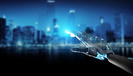 Intelligent robot machine pointing finger on dark background 3D renderingの写真素材
