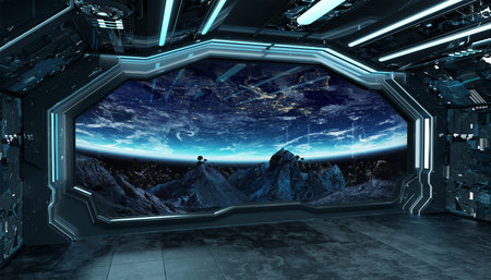 Dark blue spaceship futuristic interior with window view on space and planets 3d rendering