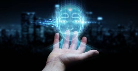 Businessman on dark background using digital artificial intelligence head interface 3D renderingの写真素材