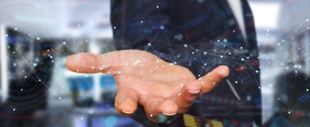 Businessman on blurred background using floating digital network connections with dots and lines 3D...