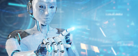 White humanoid robot on blurred background using digital technological interface with datas 3D...