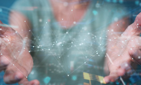 Woman on blurred background using floating digital network connections with dots and lines 3D renderingの写真素材