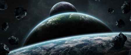 Distant planet system in space with exoplanets during sunrise 3D rendering