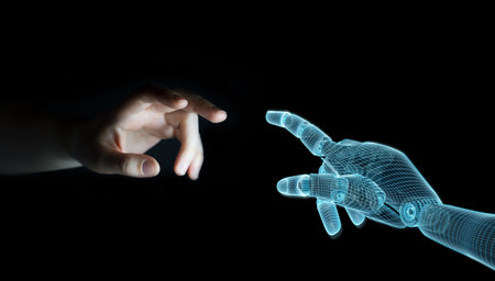 Wireframed Robot hand making contact with human hand on dark background 3D renderingの写真素材