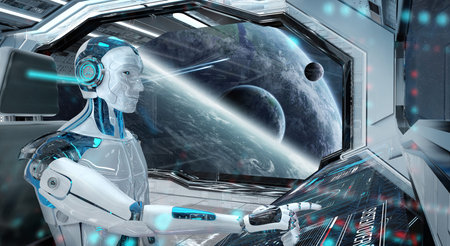 Robot cyborg in a control room flying a white modern spaceship with window view on space 3D...