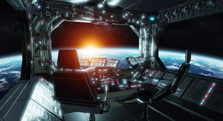 Spaceship grunge interior control room with seats and view on space 3D rendering