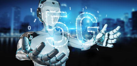 White cyborg woman on blurred background using 5G network digital hologram 3D rendering