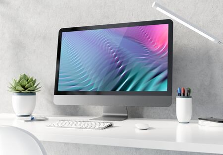 Modern black and silver computer on white desktop and concrete interior with keyboard mockup 3D renderingの写真素材