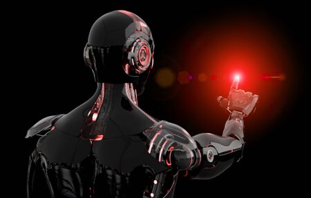 Black and red intelligent robot cyborg pointing finger on dark background 3D renderingの写真素材