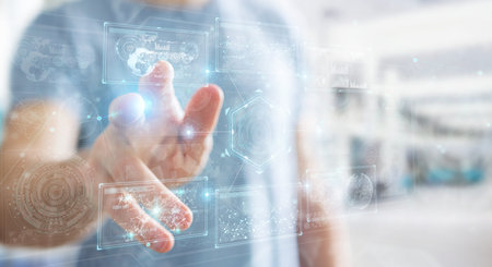 Businessman on blurred background using digital technological interface with datas 3D rendering