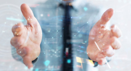 Businessman on blurred background using digital technological interface with datas 3D rendering