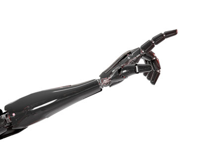 Black and red intelligent robot cyborg arm pointing finger on white background 3D rendering
