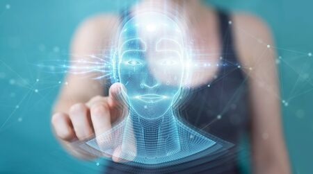 Woman on blurred background using digital artificial intelligence head interface 3D renderingの写真素材