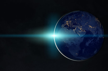View of blue planet Earth at night with cities lights on Europe and Africa 3D rendering
