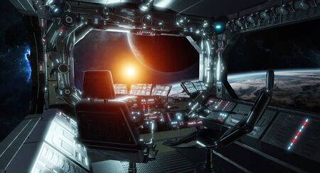 Spaceship grunge interior control room with seats and view on space 3D renderingの写真素材