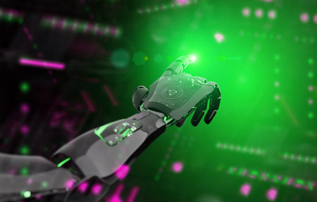 Black and green intelligent robot cyborg arm pointing finger on dark background 3D rendering