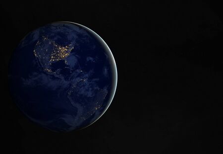 View of blue planet Earth at night with cities lights on America 3D rendering elementsの写真素材