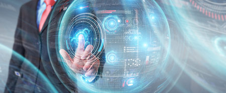 Businessman on blurred background using digital technological interface with datas 3D rendering