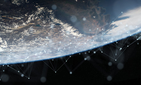 Global datas exchanges and futuristic connections system over the globe 3D rendering elementsの写真素材