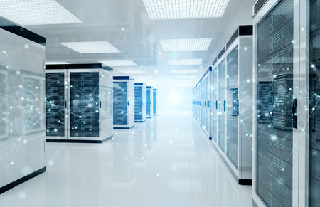 Connection network in white servers data center room storage systems 3D rendering