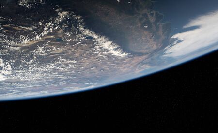 View of blue planet Earth close up with atmosphere during a sunrise 3D rendering elementsの写真素材
