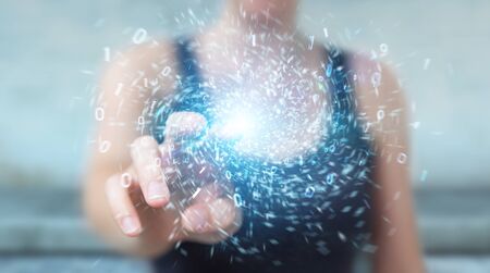 Woman on blurred background creating new futuristic energy power source 3D renderingの写真素材