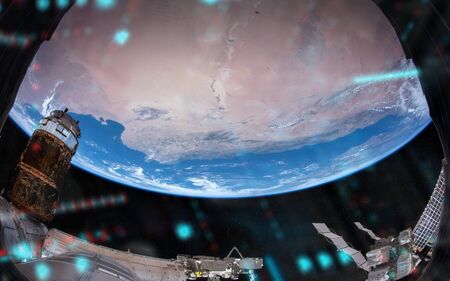 View of blue planet Earth from a space station window during a sunrise 3D rendering elements of this image furnished by NASAの写真素材