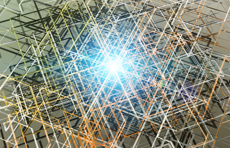 Futuristic yellow orange and blue connection background with lines and roads map printed on metal...