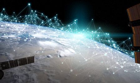 Satellites sending datas exchanges and futuristic connections system over the globe 3D rendering