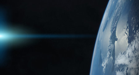 View of blue planet Earth close up with atmosphere during a sunrise 3D rendering