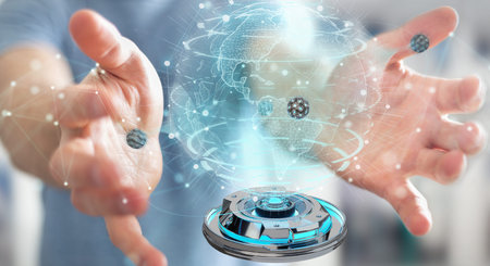 Businessman on blurred background using globe network with digital connection 3D rendering