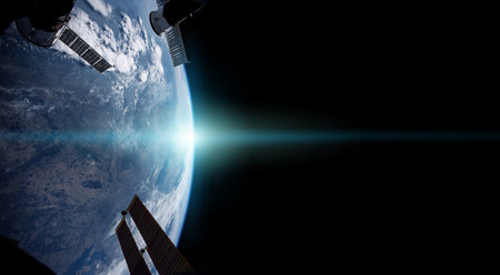 View of blue planet Earth from a space station window during a sunrise 3D rendering