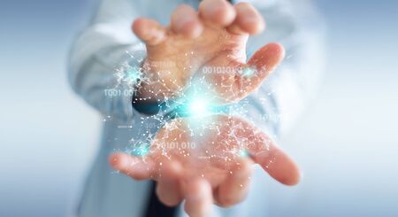 Businessman on blurred background using digital binary code connection network 3D renderingの写真素材
