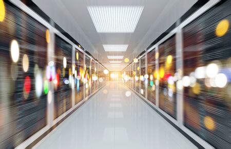 White servers data center room with bright bokeh light going through the corridor 3D renderingの写真素材