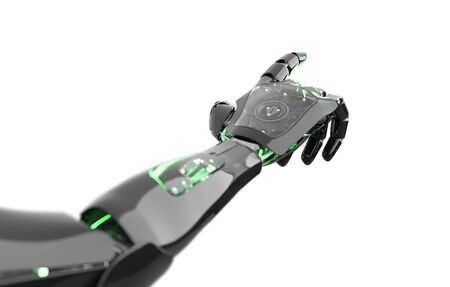 Black and green intelligent robot cyborg arm pointing finger on white background 3D renderingの写真素材