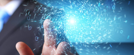 Businessman on blurred background creating new futuristic energy power source 3D rendering