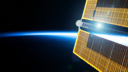 View of blue planet Earth horizon from a space station window during a sunrise 3D rendering